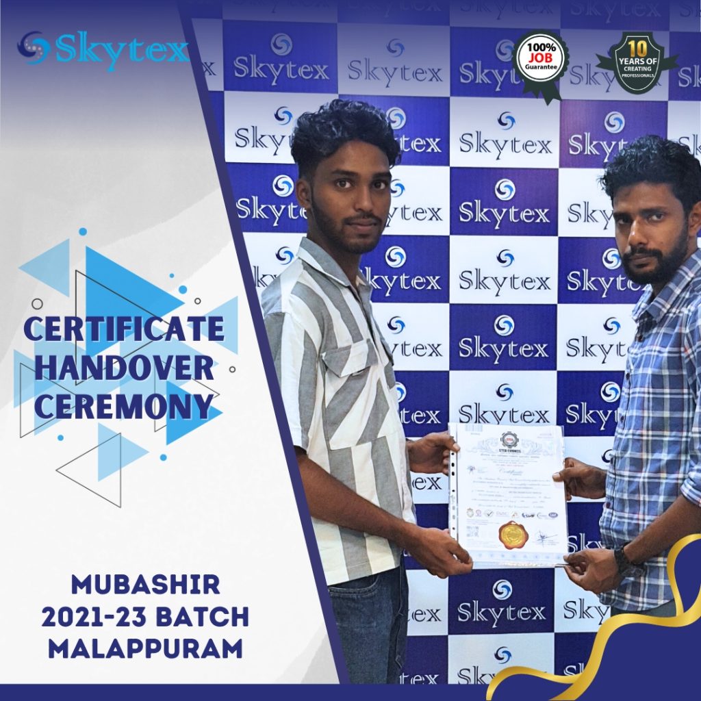 Certificate Handovering of Skytex's New placement to Abroad Best smartphone and laptop technician course in kondotty | Malappuram | Kerala 100% job placement guarantee provided institute / course